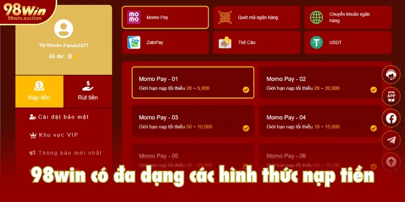 98win có đa dạng các hình thức nạp tiền